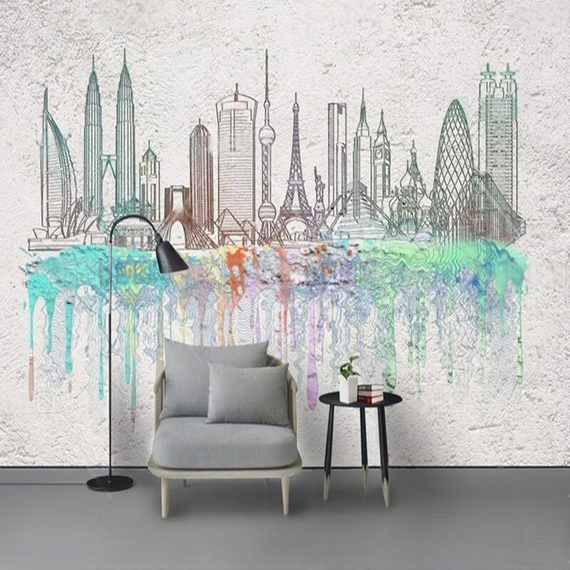 Commercial Wallpaper Printing - 현대적인 수채화 도시 실루엣 수묵화 장식